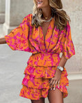 Print  Cross-border independent station fashion classic explosive autumn bat sleeve V-neck hemline irregular dress women's dress
