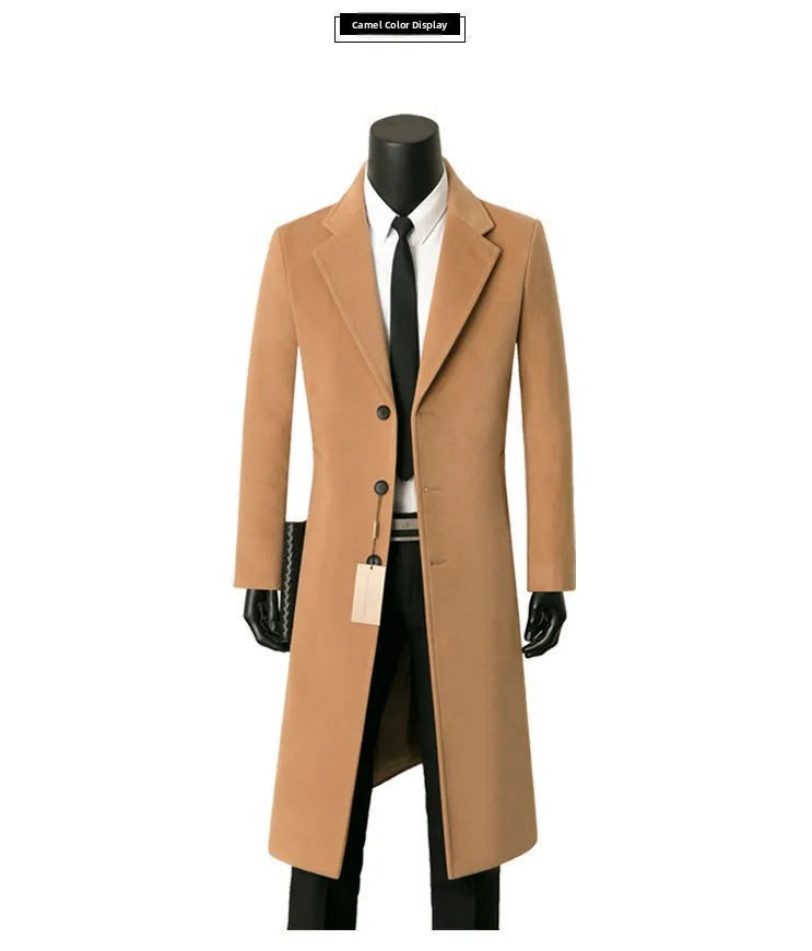 Warm Woolen Men's Coat Medium Length Casual Business Style Windbreaker Suit Collar Outerwear for Autumn And Winter