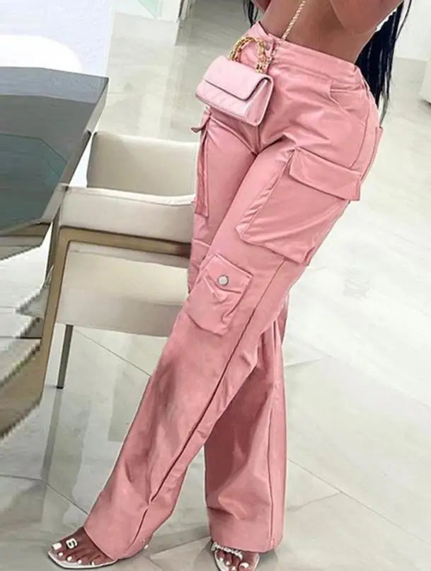 Calças casuais de couro sintético com perna reta e bolsos lisos, cintura alta, moda feminina