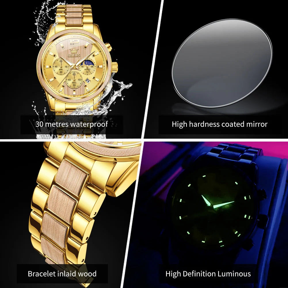 OLEVS 3645 Mens Watch Top Brand Business Original Quartz Watch Solid Wood Multifunctional Chronograph Watch Moon Phase Reloj New