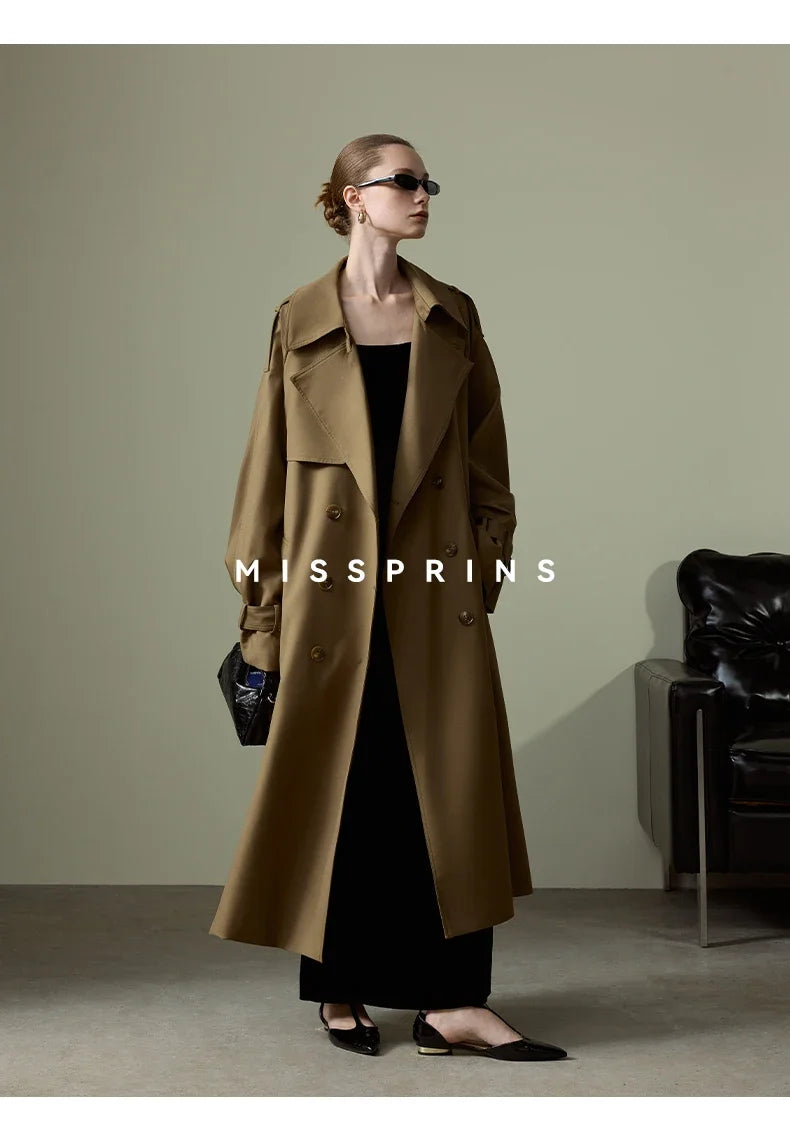 Lautaro Spring Autumn Long Khaki Trench Coat for Women Belt Double Breasted Chic Luxury Designer European Fashion Clothes 2025