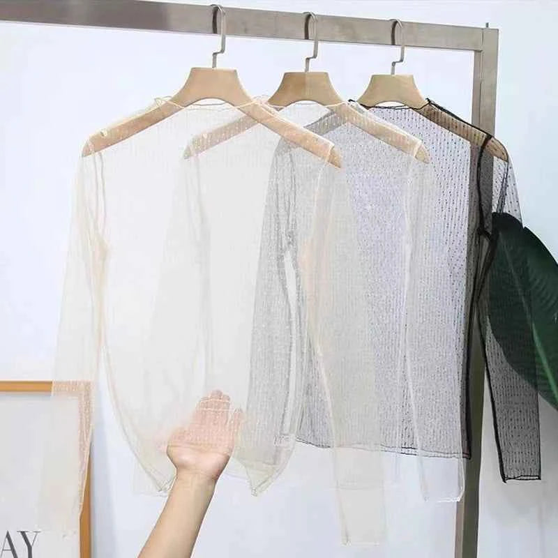 Sexy Mesh Perspective Top Ladies Sheer Blouses Women Lace Floral T Shirt See Through Long Sleeve Tee Shirts Sunscreen Tops