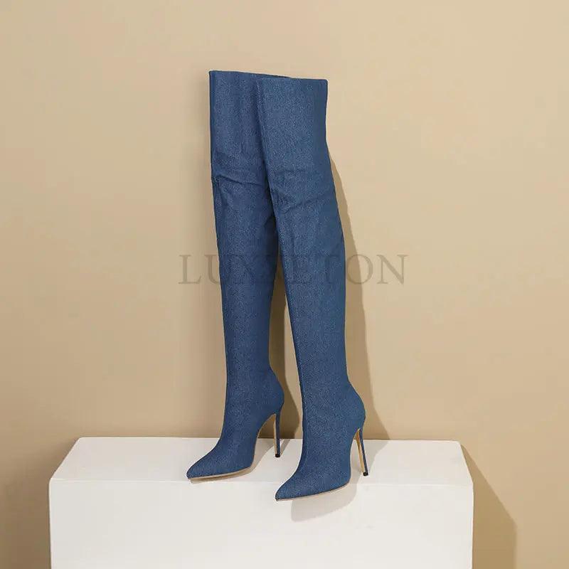 Sexy Stiletto Denim High Heels Over The Knee Boots for Women Spring Autumn High Heeled Thigh Heig Long Boots Ladies - CRAVO ROSE