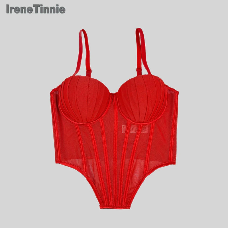 Corpete transparente de malha feminino, faixa espinha de peixe na cintura, corpete bustiê, tops sensuais