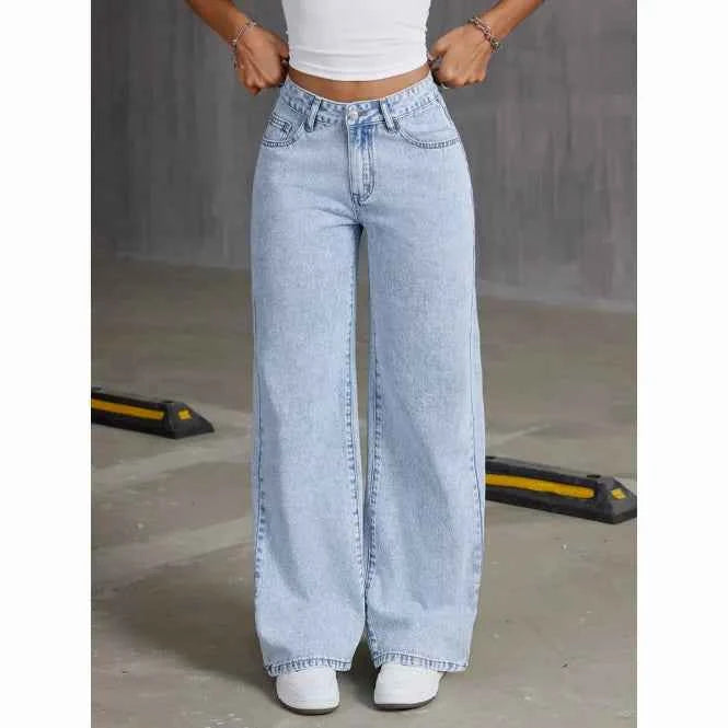 Trendy Cross-Border Hot Selling Women's Sweet-and-Spicy Style High-Waist Loose Casual Straight Leg Jeans Cotton Gauze