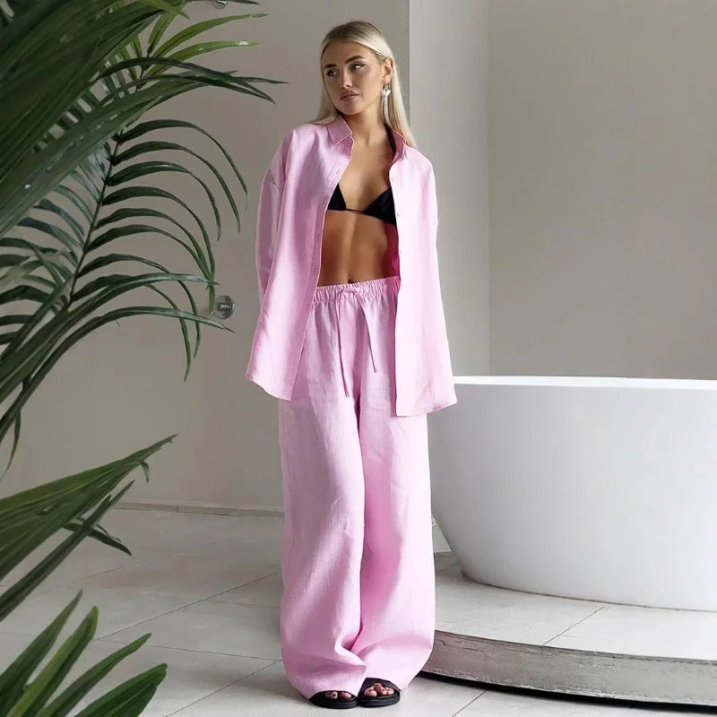 Conjunto casual de calças retas e soltas, moda primavera e outono, manga comprida, camisa de botão único, roupa chique