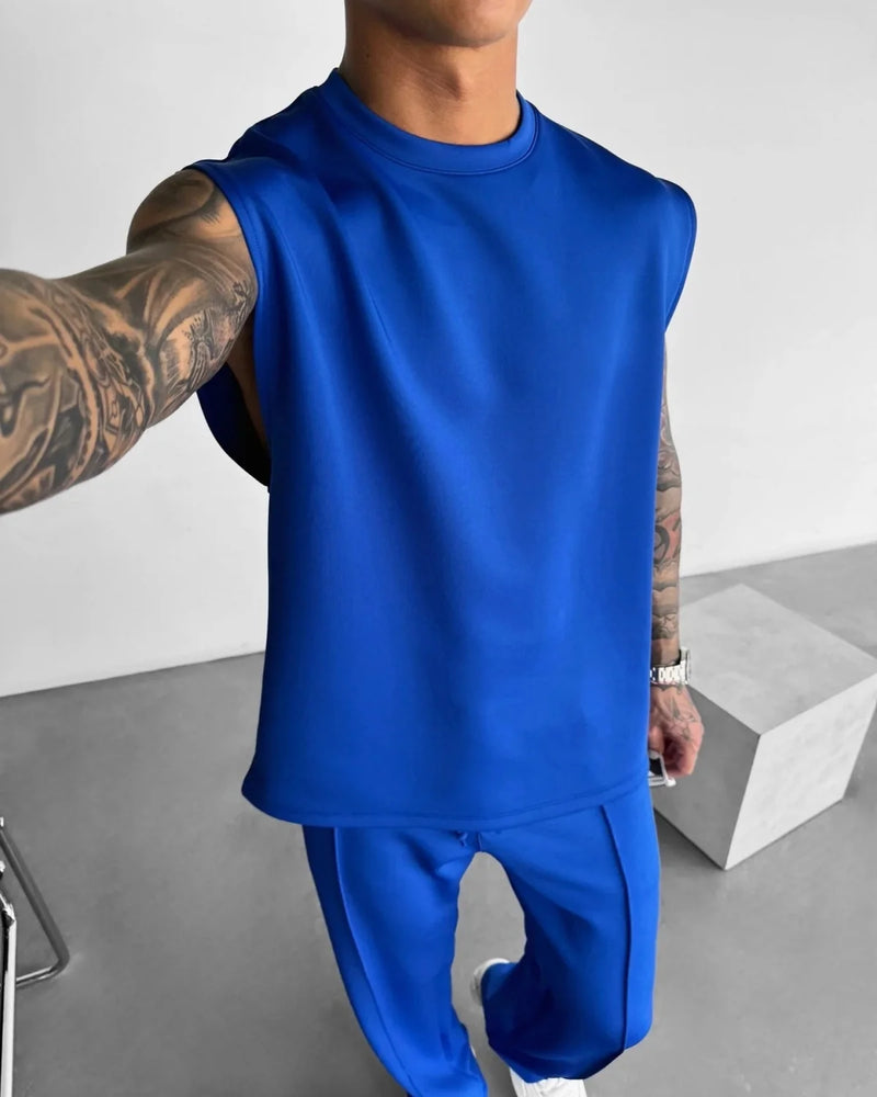 Terno esportivo sem mangas 2025 calças casuais masculinas de cor sólida, colete de roupas masculinas, conjunto de duas peças