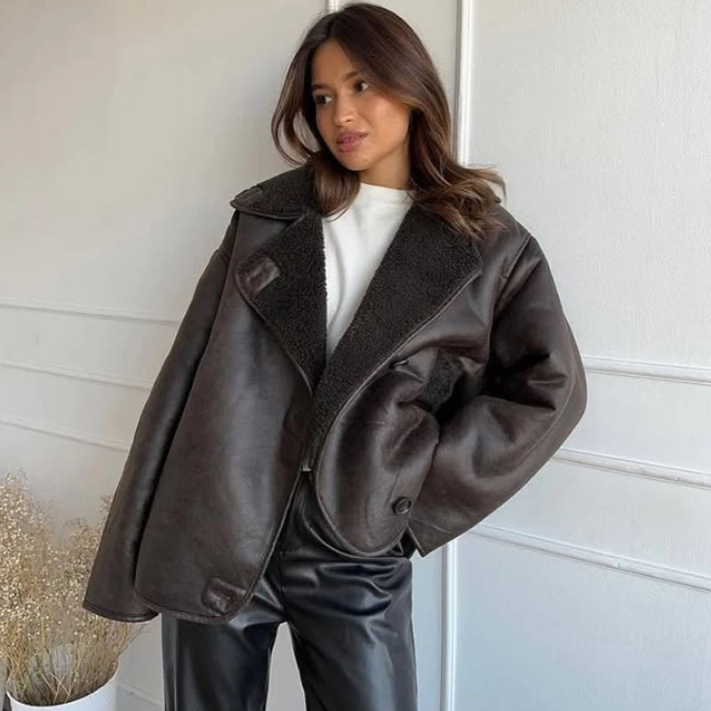 HXAO Faux Leather Jacket Winter Coat Female Button Long Sleeve Brown Jacket Demi-Season Faux Wool Coats And Mixtures Jacket