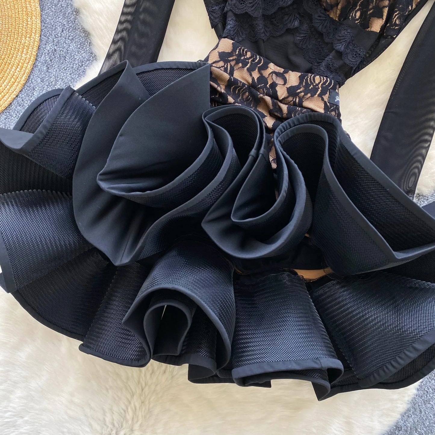 SINGREINY Sexy Floral Lace Suit Mesh Sheer Slim Bodysuit+Ruffles Mini Mermaid Skirt Ladies Retro Luxury Ball Party 2 Pieces Sets