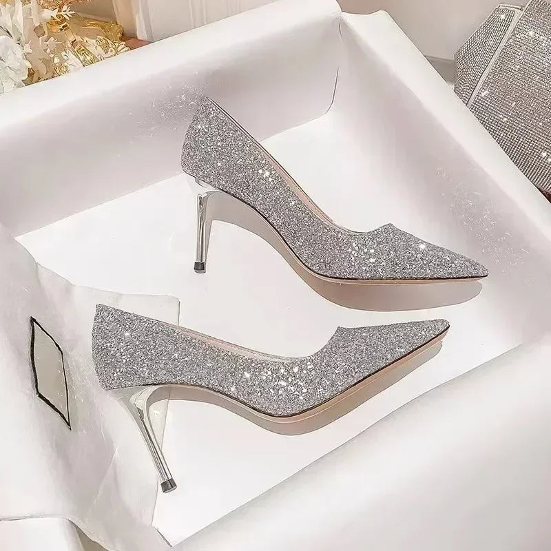 Sapatos de salto alto femininos dourados para casamento, saltos de noiva, sandálias de festa elegantes de grife, vestido, banquete, lantejoulas, sandálias de tacón