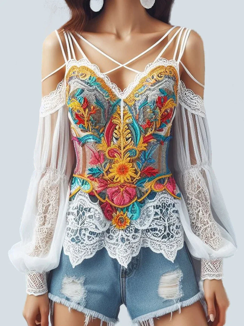 Floral Printed Women's Blouse V-Neck Long Sleeve Sexy Hollow out Lace Shirt Elegant Strapless Casual Top for Autumn