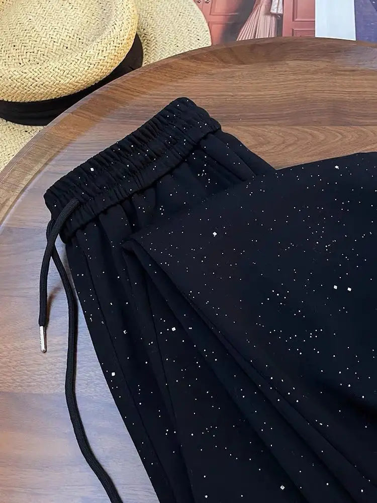 Shiny Ice Silk Wide Leg Pants Women Summer New High Waist Straight Casual Sports Long Trousers Children's Matching Pants