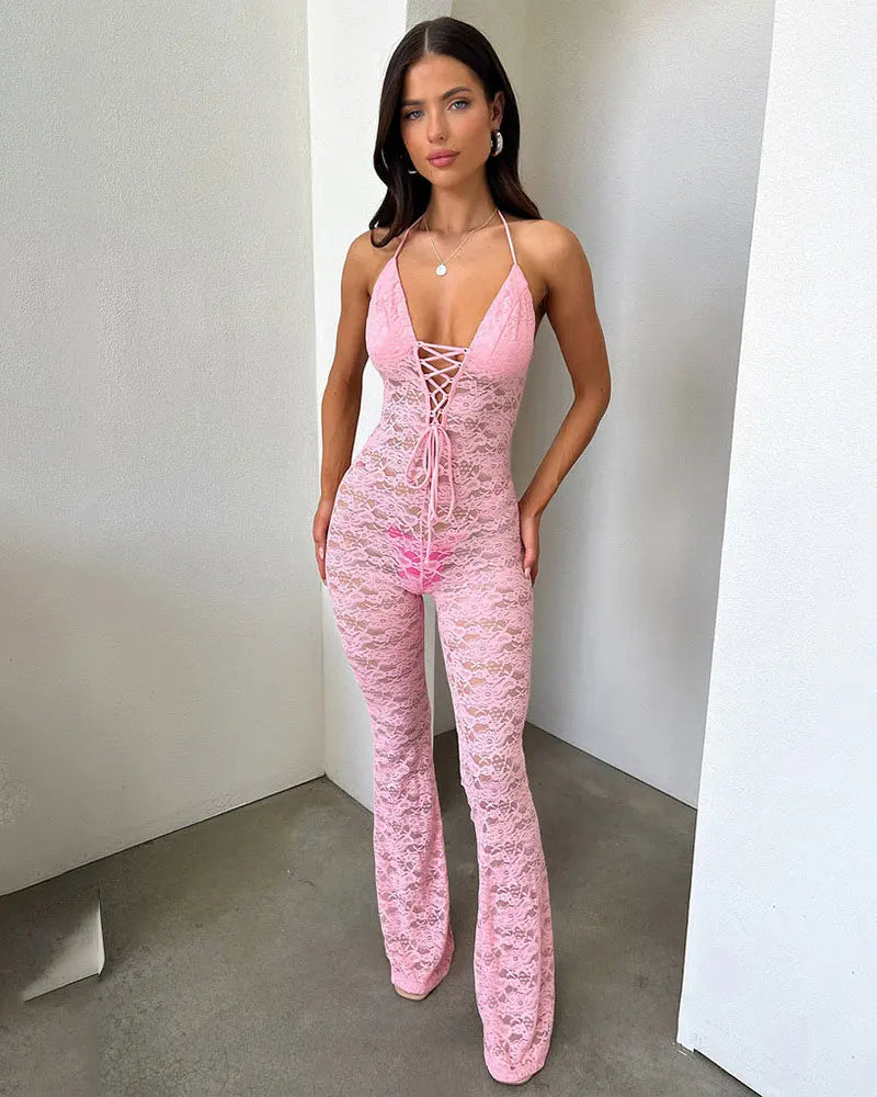 GACVGA Sexy Lace See Through Women Jumpsuit Backless Slim Streetwear Bandage Romper Lady Elegant Summer Party Nightclub Jumpsuit