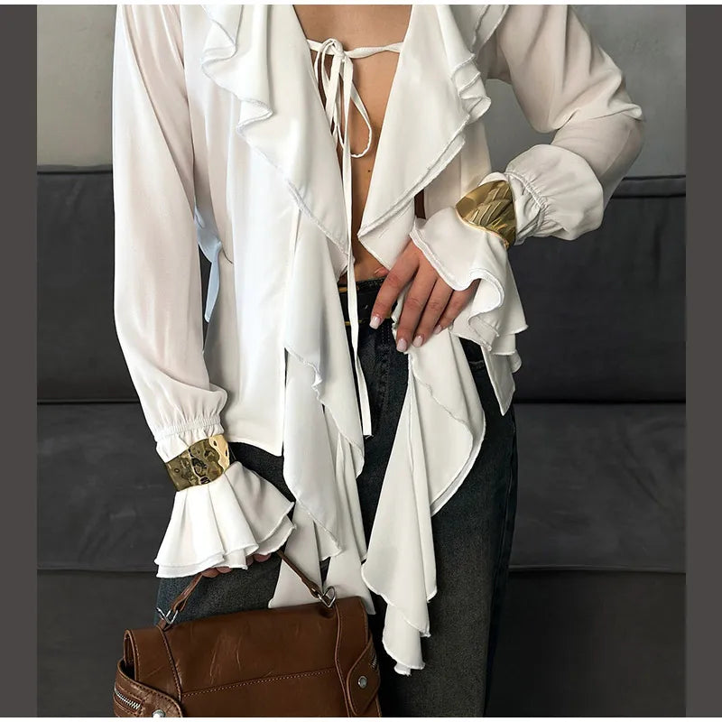 Blusa feminina elegante, azul, gola alta, babados, manga comprida, lisa, solta, chiffon, nova blusa feminina de verão 2025