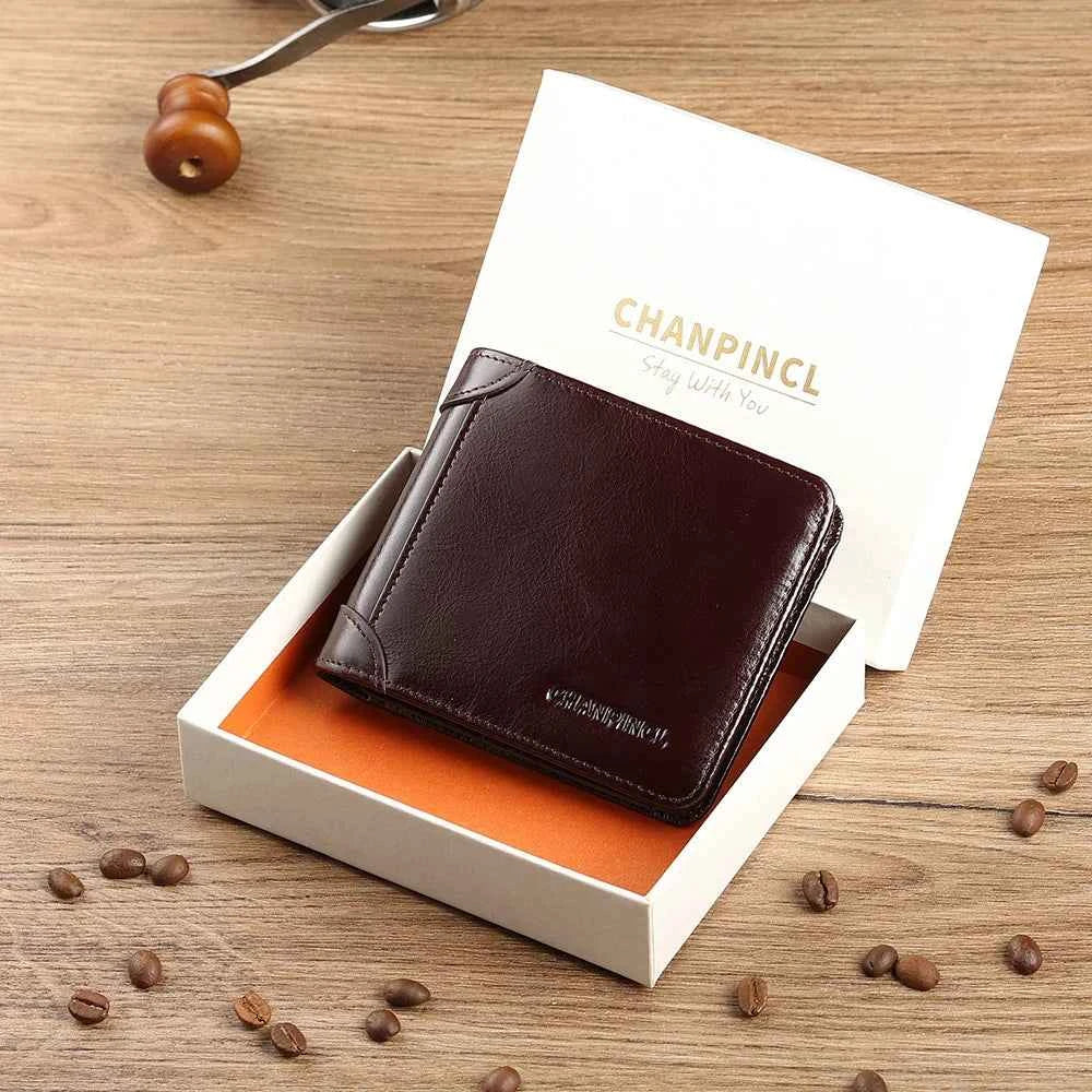 CHANPINCL Men's Italian Top-Grain Cow Leather Short Tri-Fold Wallet – RFID Blocking & Gift Box