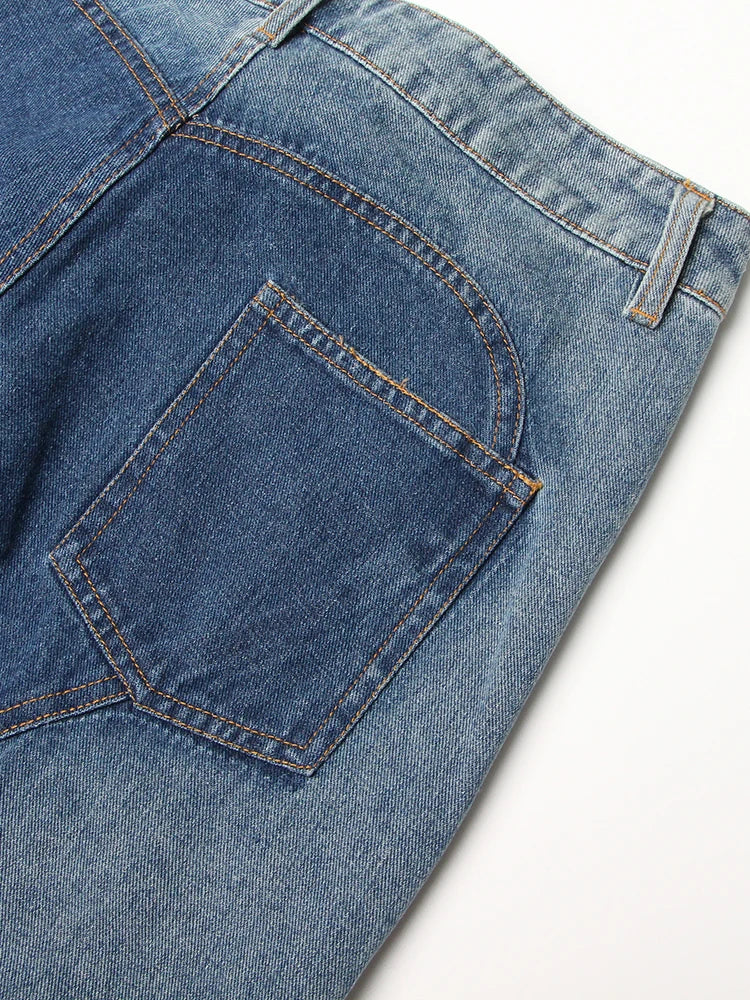 TWOTWINSTYLE Calça jeans feminina com zíper e patchwork, cintura alta, vazada, casual, perna larga, roupa feminina, nova moda