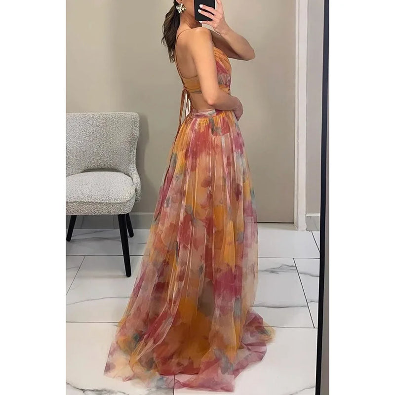 V-Neck Sexy Hollow Out Party Dress, Women Summer Loungewear Fashion Printing Maxi Dress, Sleeveless Lace-Up Ladies Dress Vestido