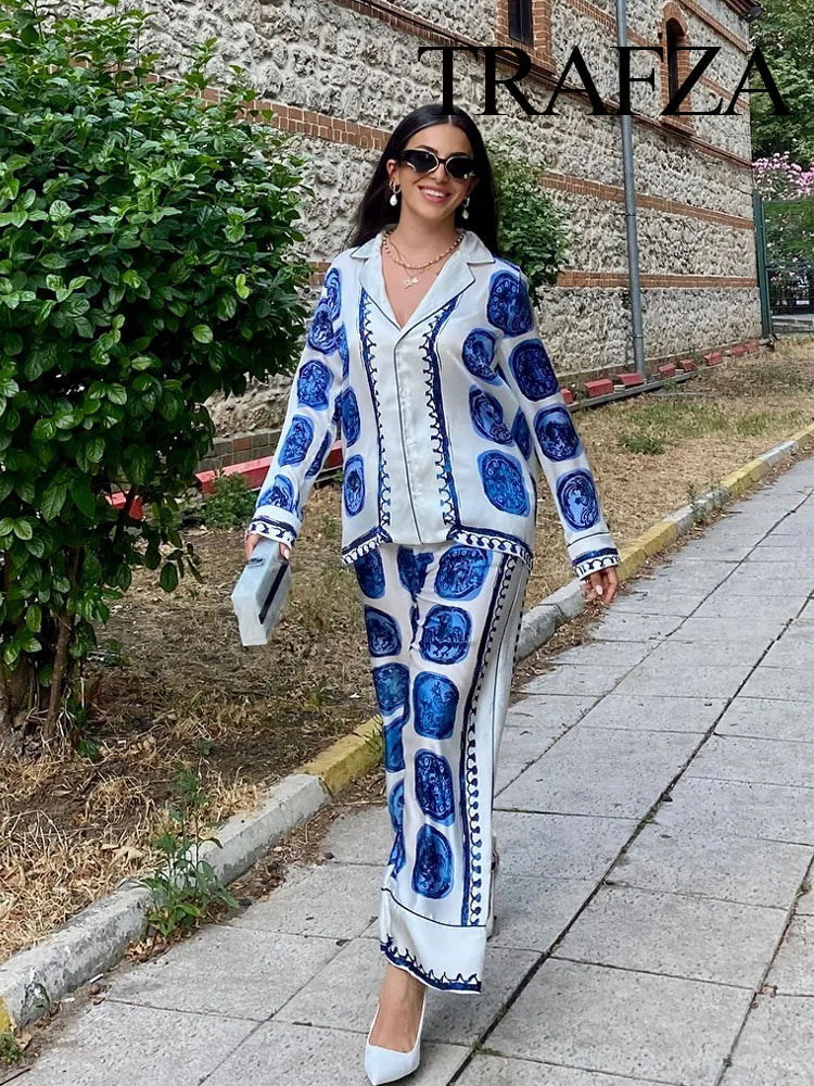 TRAFZA Women 2 Piece Set Chic Printed Lapel Single-Breasted Long Sleeve Loose Top+Summer Woman Casual Drawstring Wide Leg Pants