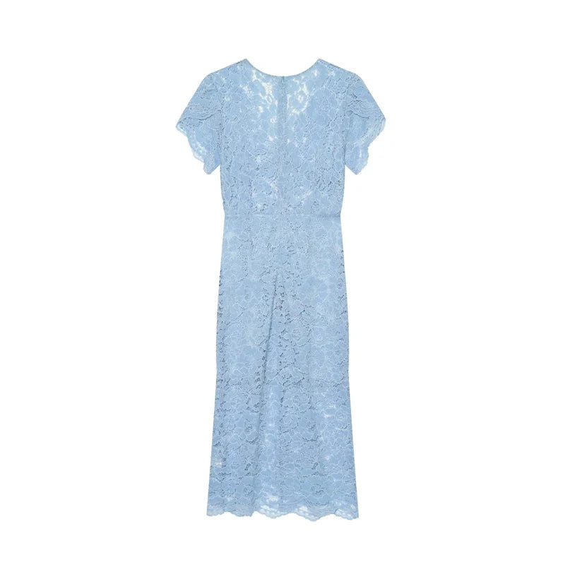 Women's Dress 2026 Summer New Solid Color Short Sleeve V-neck Lace Waistband Long Dress Elegant and Stylish Fashionable