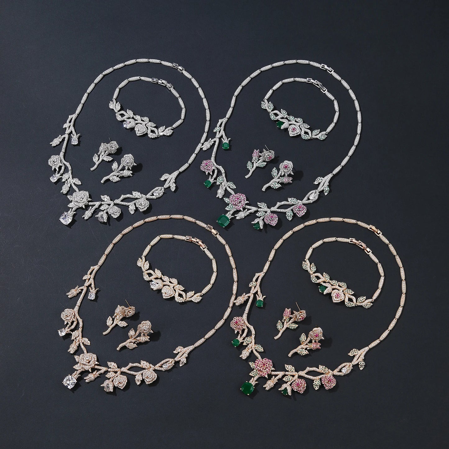 New Luxury 3-piece Cubic Zirconia Rose Flower Necklace Earrings Bracelet Set Bridal Wedding Ball Accessories CN10359T
