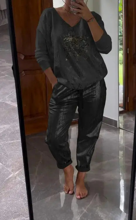 Women Two-piece Set Spring Long Sleeves Bronzing Loose Glossy Top Elastic Waist Pockets Trousers Pants Set Casual Sport Outfit