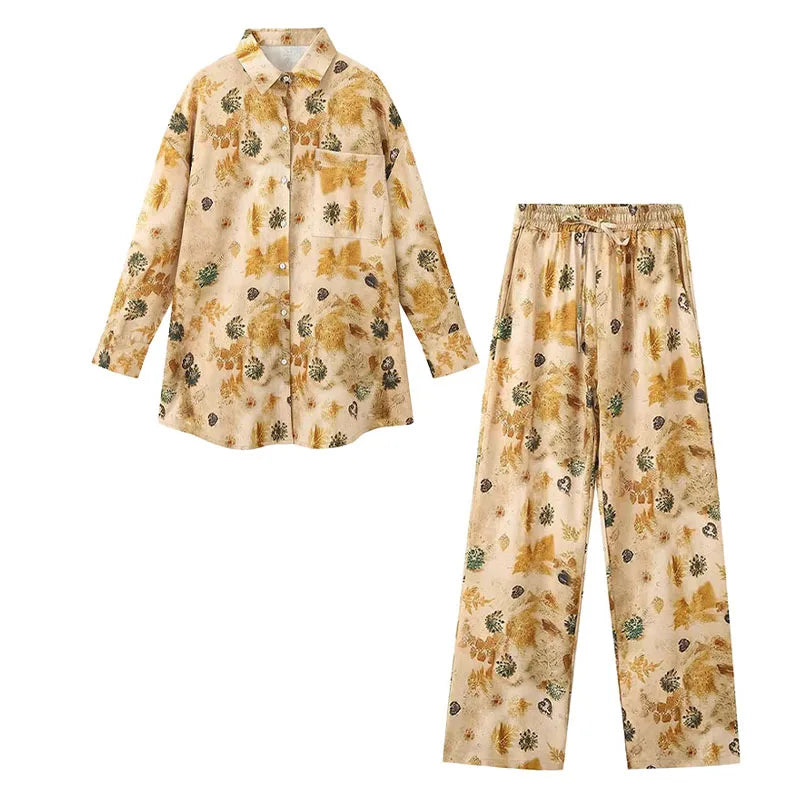 TRAF Women Fashion Set Print Turn-Down Collar Long Sleeve Single Breasted Shirt+Elastic Waist Drawstring Loose Pant Female Suits