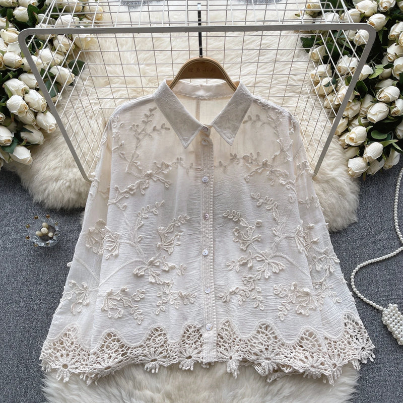 Camisa solta bordada SINGREINY feminina elegante retrô com lapela sólida manga comprida blusa feminina de alta qualidade moda verão