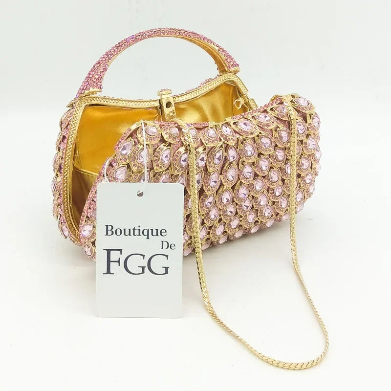 Boutique De FGG Pink Crystal Rhinestone Clutch Handbag Women Metal Minaudiere Top Handle Tote Purse Wedding Party Evening Bag