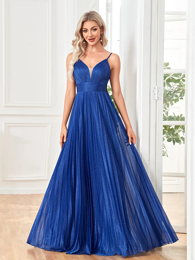 XUIBOL 2024 Elegant Evening Dress Sexy V-Neck A-Line Floor-Length Gown Blue Backless Prom Party Women Maxi Cocktail Vestidos - CRAVO ROSE