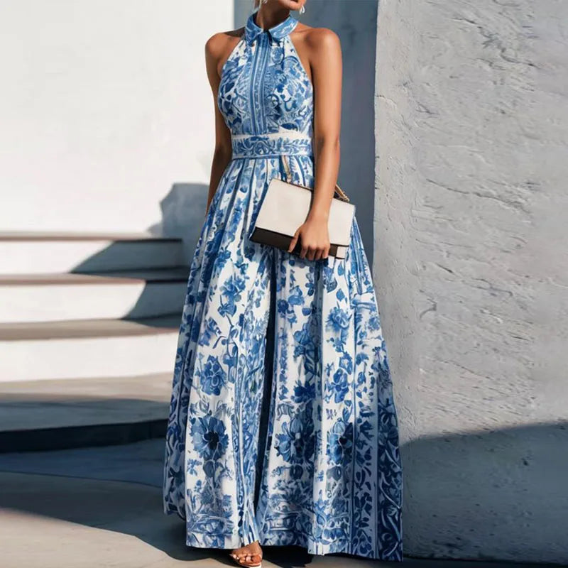 Vestidos boêmios femininos com estampa floral vintage, elegante, gola polo, sexy, maxi vestido de verão, sem mangas, solto, linha A, vestido longo