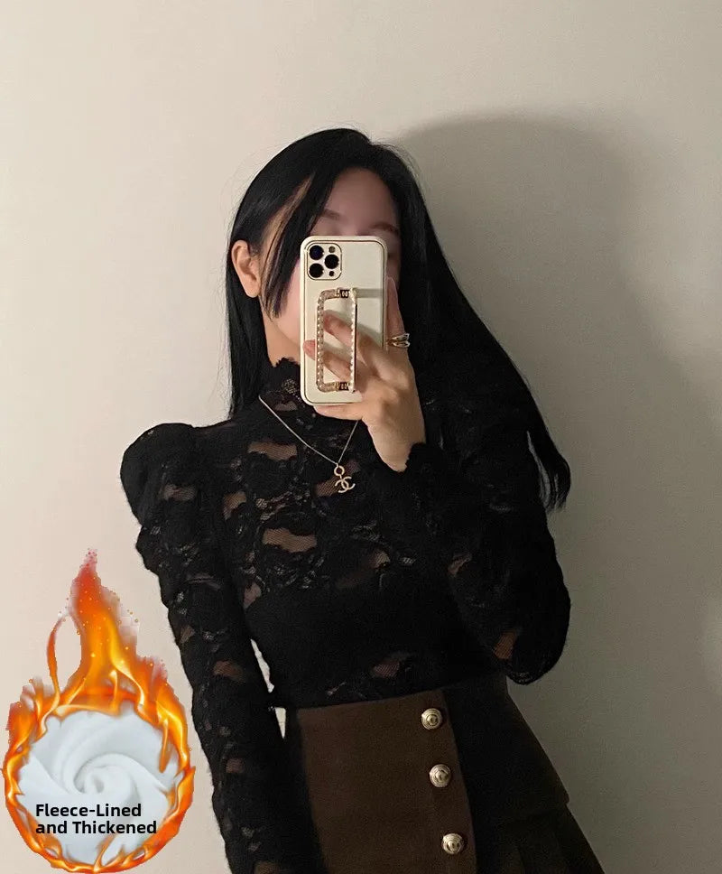 Fleece Lined Lace Base Shirt Women's Autumn Winter Hollow out Mesh Top Trendy Commute Style High Neck Long Sleeve  Color