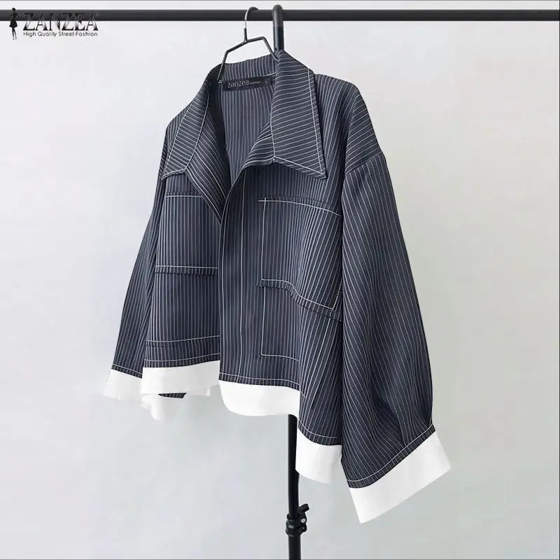 Women Korean Shirts 2025 ZANZEA Autumn Long Sleeve Striped Patchwork Blouse Fashion Tops Tunic Pockets Office Blusas Femininas