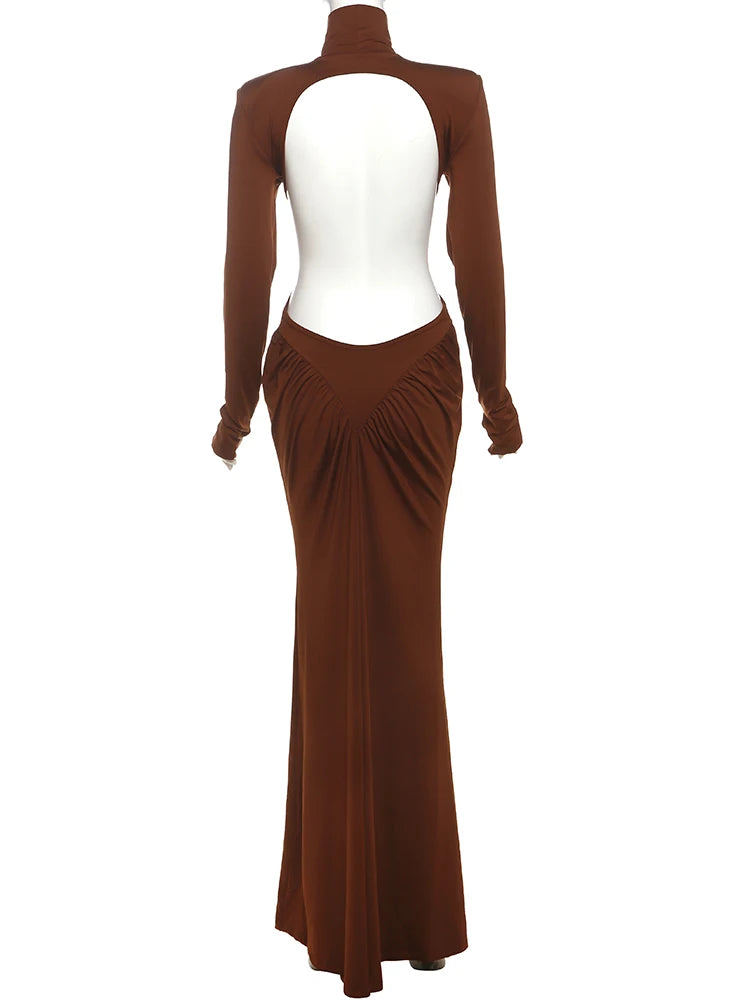 Weird Puss Backless Maxi Dress Women Shoulder Pads Long Sleeve Waistless Peach Buttocks Ruched Elegant Banquet Skinny Vestidos