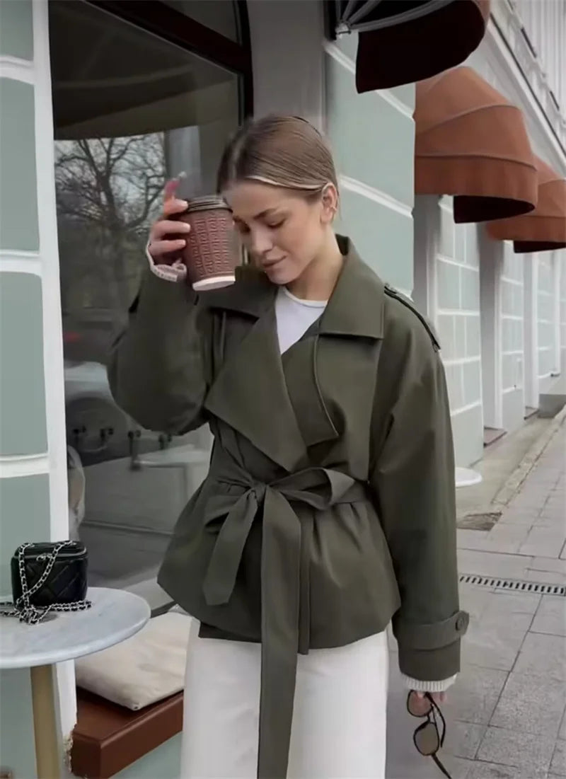 Women's Coat 2026 Spring New Style Solid Color Long Sleeve Belted Short Trench Coat European and American Personalized Fashion