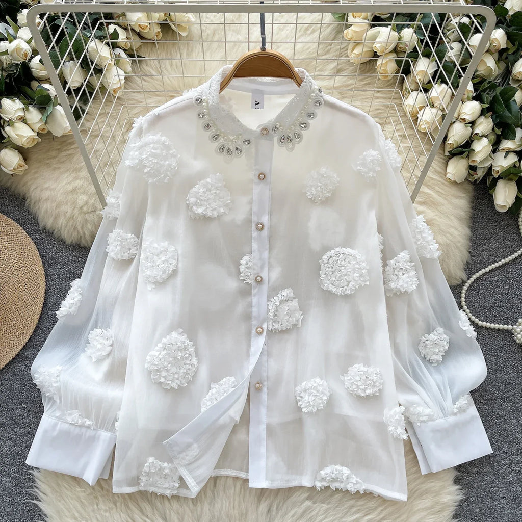 Blusa básica de manga comprida, gola polo vintage, gravata, abotoamento simples, solta, com strass, moda urbana francesa, blusa de outono