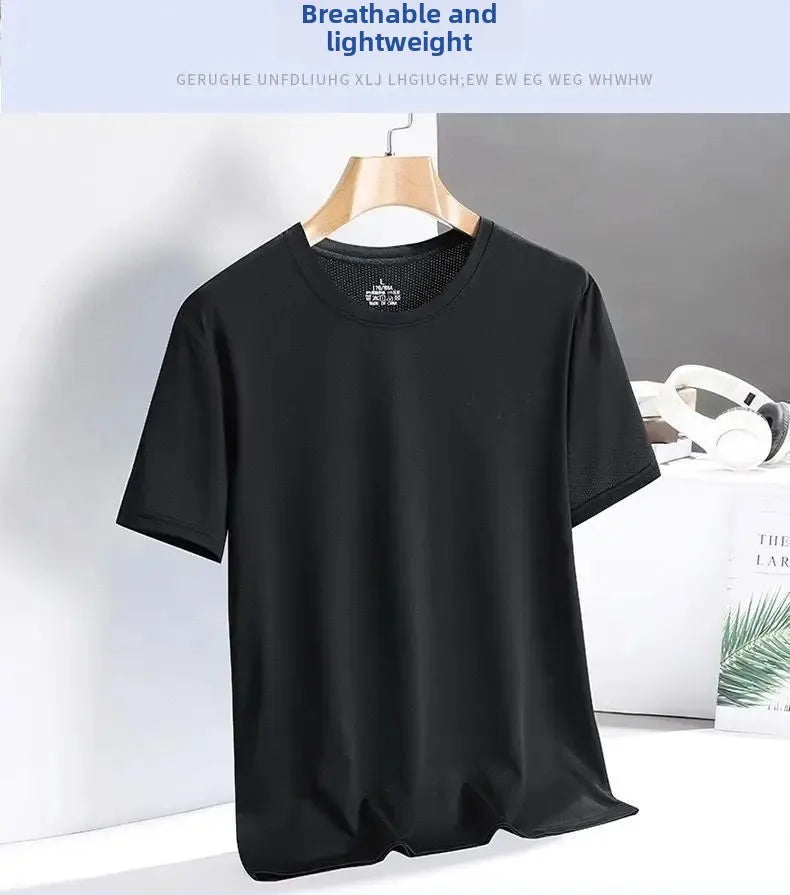 Camiseta masculina de manga curta, de seda gelada e secagem rápida, nova malha respirável, ajuste solto, gola redonda, camisa esportiva casual para o verão