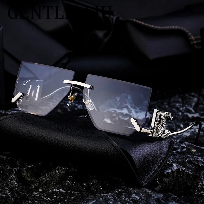 Óculos de sol quadrados sem aro punk femininos, armação de metal, design de marca de luxo, óculos retrô para mulheres, proteção UV400, 2025