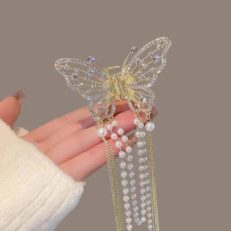 New Crystal Rhinestone Butterfly Pearl Tassel Hairpin Korean Simple Side Clip Liu Hai Clip Shark Hairpin Hair Accessories Women - CRAVO ROSE