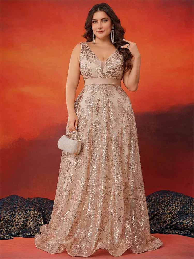Plus Size Luxury V-Neck Black Sequins Evening Dresses Women Elegant V-back Wedding Party Long Prom Cocktail Gowns