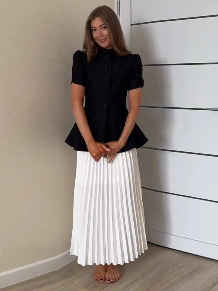 Elegant Short Sleeve Waist Single Breasted Top Pleated Midi Skirts Fashion A Line Skirt Set for Women 2026 Spring Female Outfits