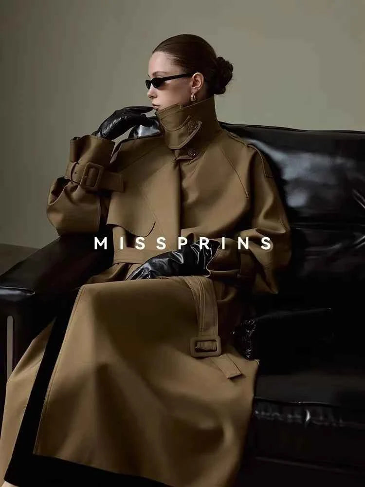Lautaro Spring Autumn Long Khaki Trench Coat for Women Belt Double Breasted Chic Luxury Designer European Fashion Clothes 2025