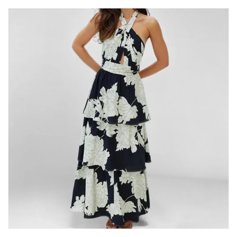 2025 Summer Fashion Printed Long Dresses Woman Sexy Sleeveless Cross Halter Hollow Shoulder Backless Dress Elegant Party Dresses