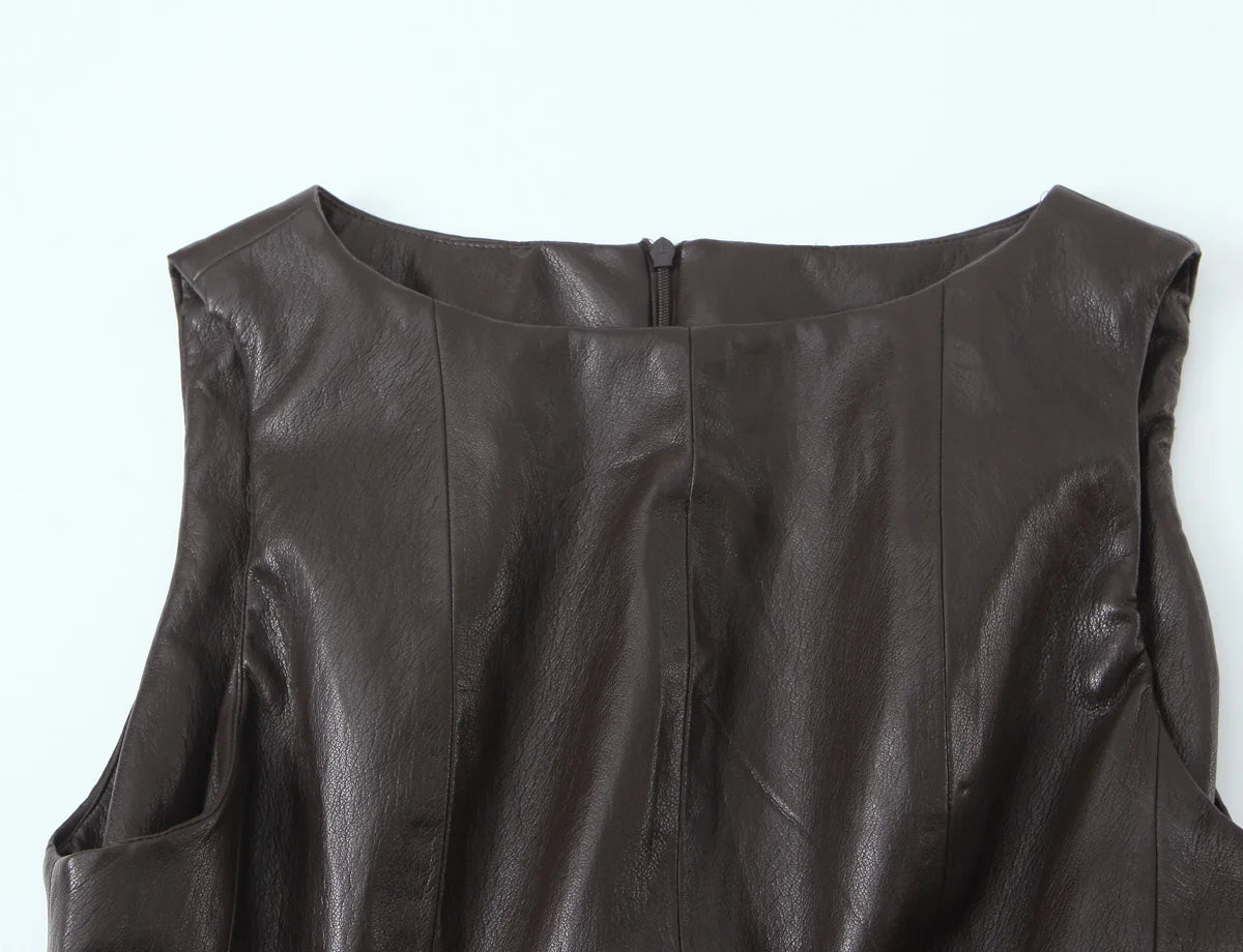 NLZGMSJ Vintage Faux Leather Casual Women Solid Suit O-Neck Zipper Belt Vest Zipper Long Straight Skirt Fashion 2026 Spring Sets