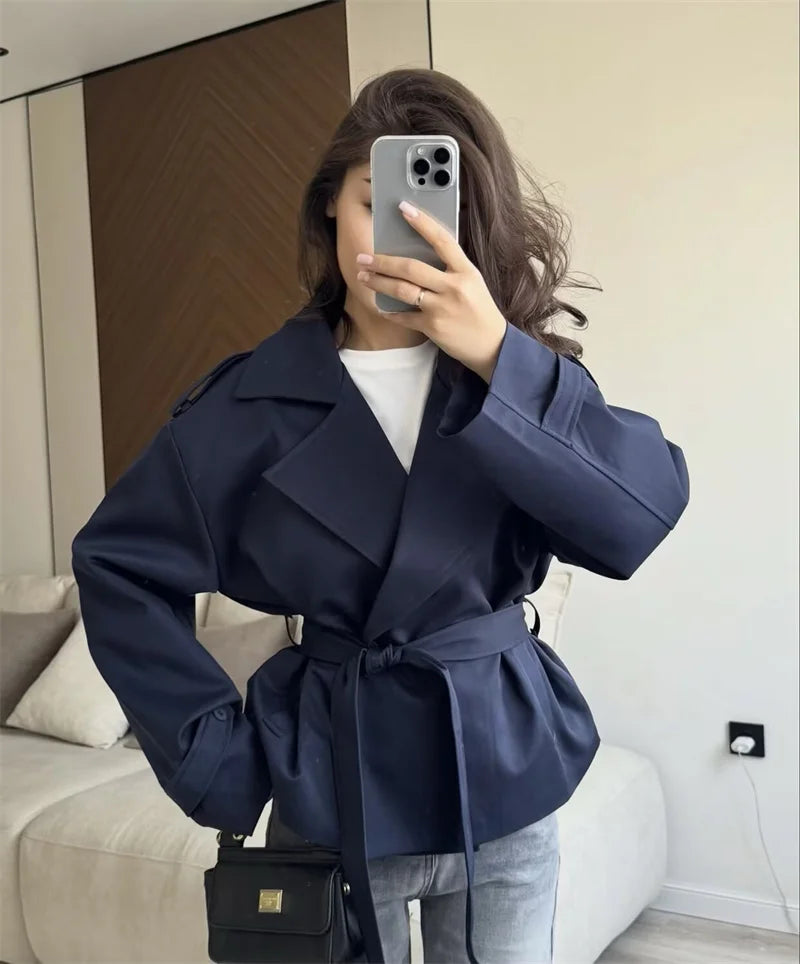 Women's Coat 2026 Spring New Style Solid Color Long Sleeve Belted Short Trench Coat European and American Personalized Fashion