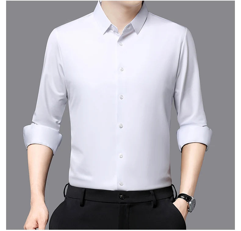 Camisa masculina premium ultraelástica - Camisa formal de manga comprida de seda de alta qualidade para uso social e casual