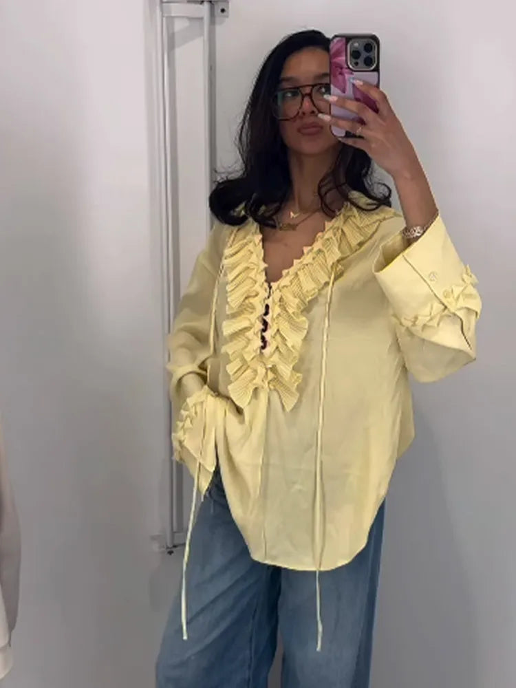 Blusa de chiffon com babados e manga comprida, blusa feminina casual solta, gola V, manga comprida, blusa de rua, primavera/verão 2025