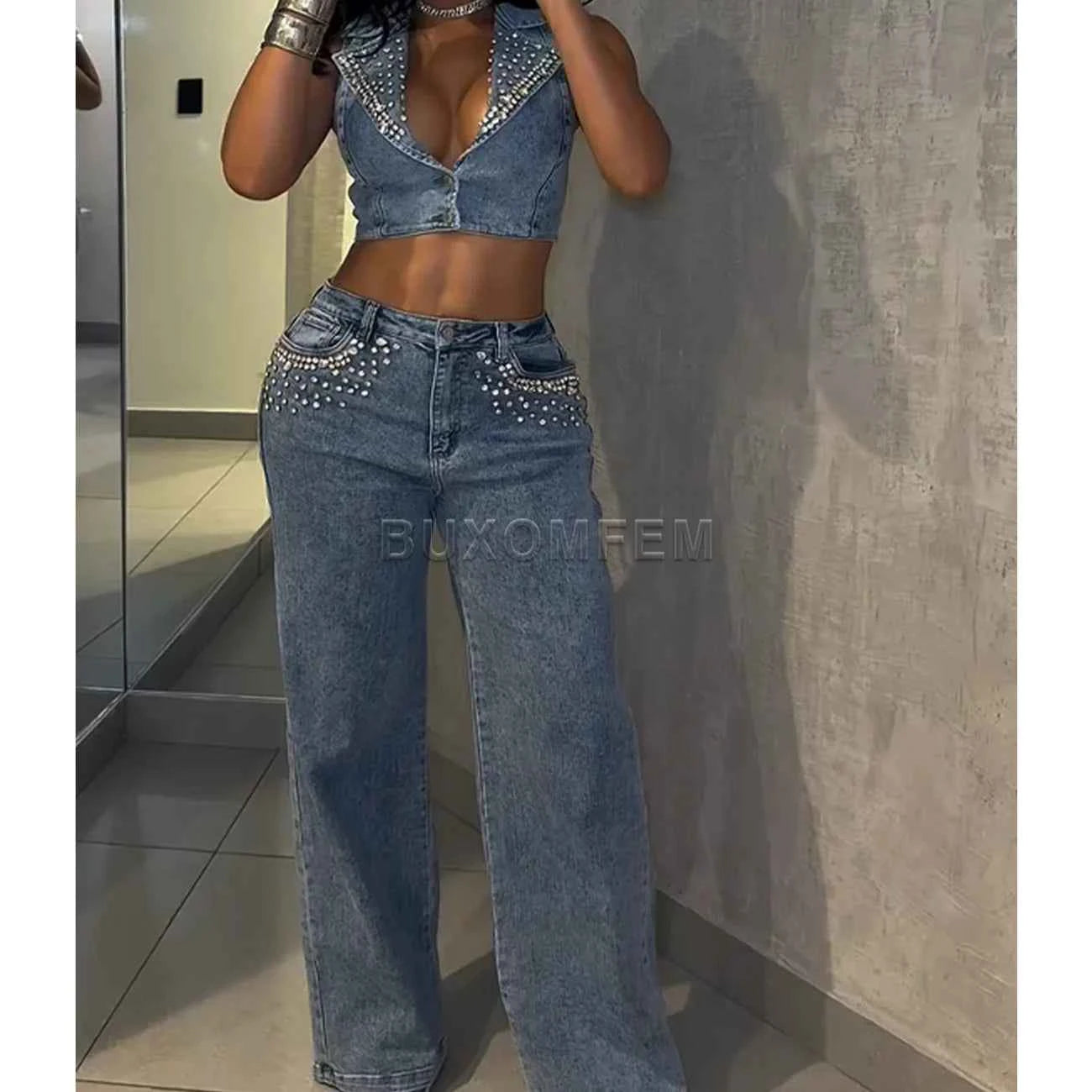 Women's Decorative High Waisted Denim Suits Ladies Stylish Denim Tops & Jeans Female Loose Jeans Streetwear Outfits New Clothing