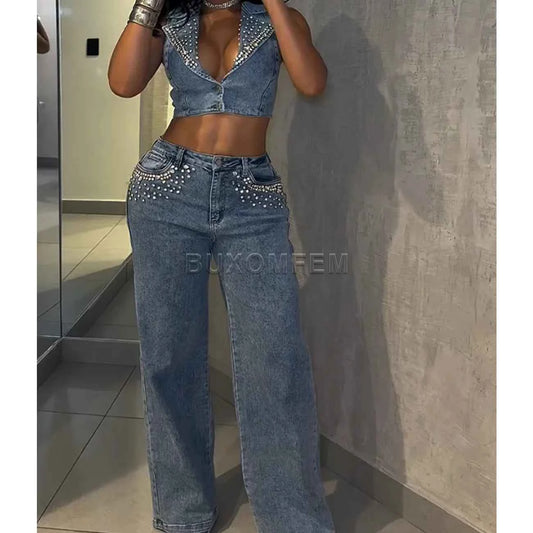 Women's Decorative High Waisted Denim Suits Ladies Stylish Denim Tops & Jeans Female Loose Jeans Streetwear Outfits New Clothing