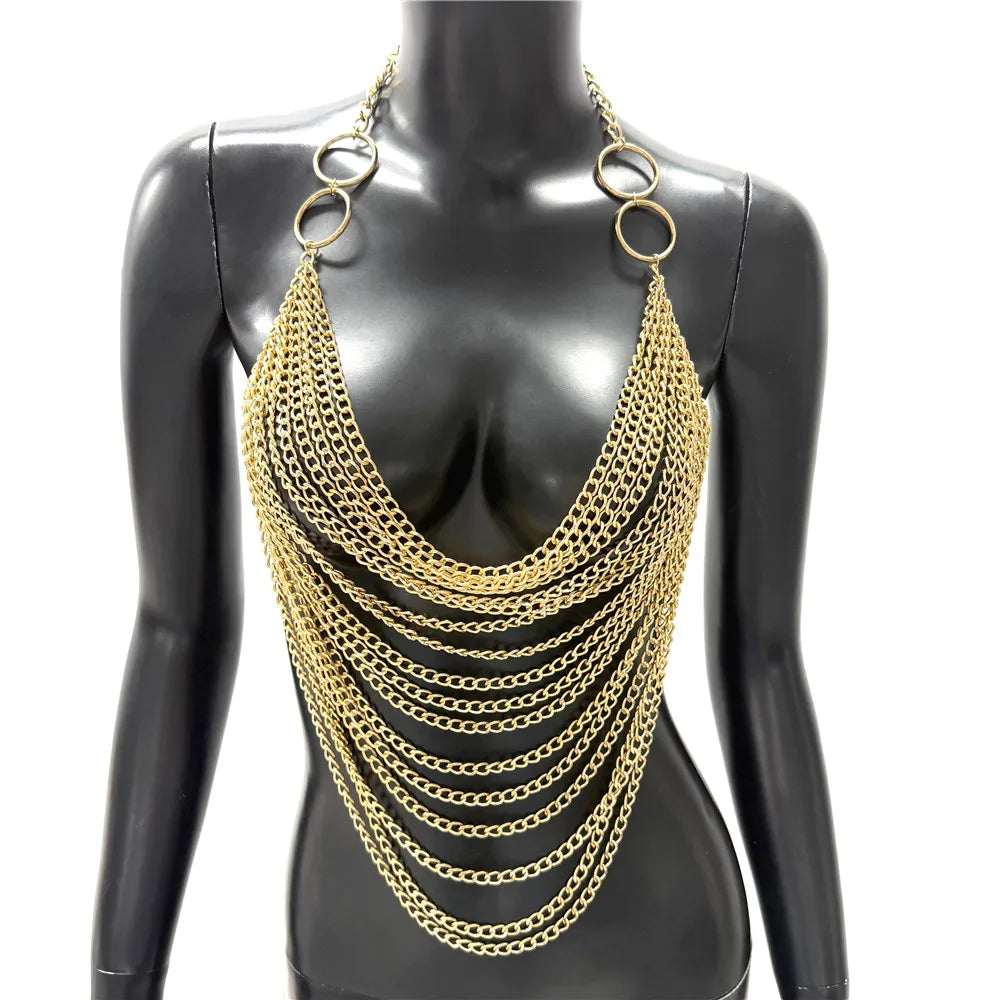 Women Metal Chain Tassel Tank Top Sexy Deep V Neck Backless Hollow Out See Through Crop Top Body Chain Party Club Camisole
