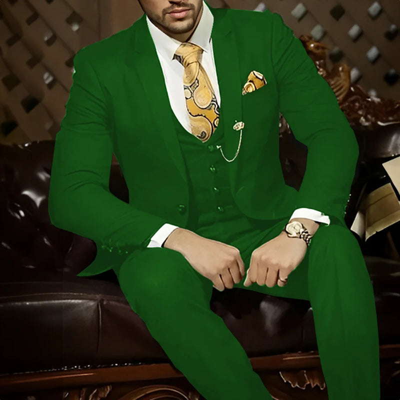 Terno masculino verde escuro bonito para trabalho, 3 peças, baile de formatura, casamento, smoking (jaqueta + calça + colete + gravata)